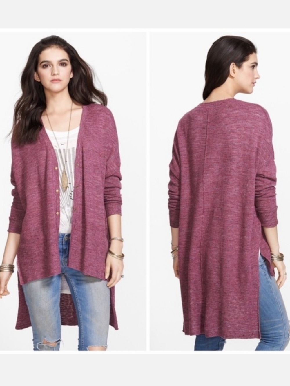 Free People TGIF Snap Front Marled Maroon High Low Cardigan